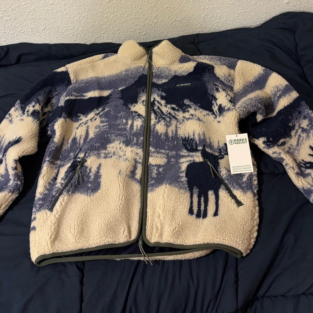 Parks Project Men's Sherpa Jacket - Cream & Navy Blue Tie-Dye